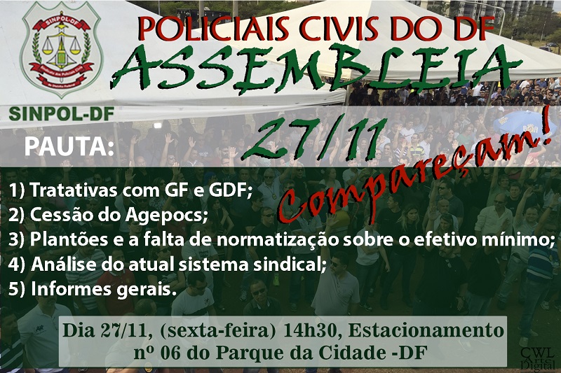 Sinpol-DF convoca para assembleia nesta sexta, 27, a partir das 14h