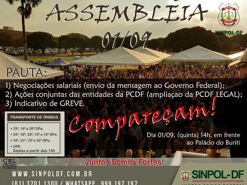 Sinpol-DF convoca para AGE nesta quinta, 1º/9, na Praça do Buriti