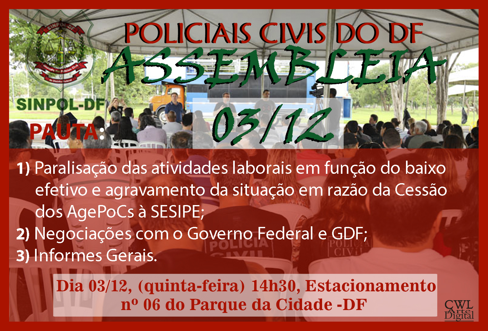 Sinpol-DF convoca para Assembleia nesta quinta, 3, às 14h30