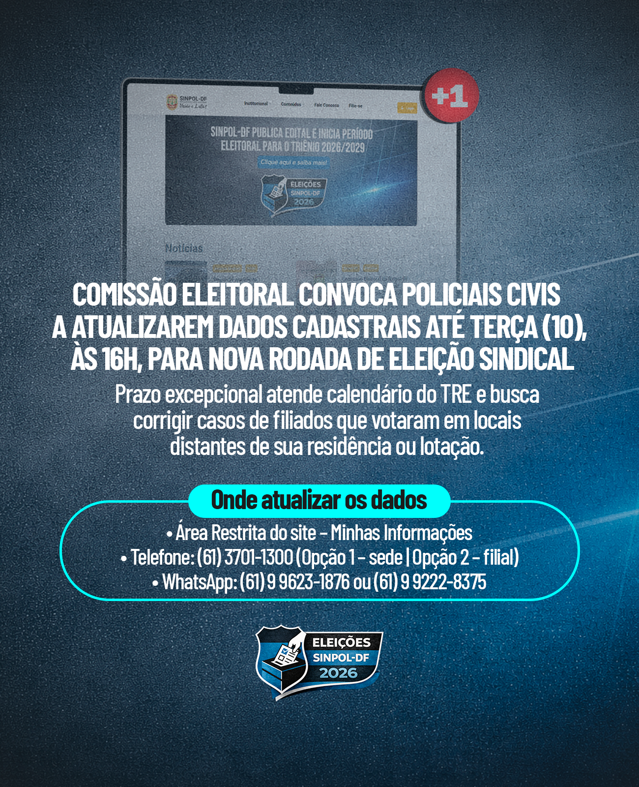 Comissão Eleitoral convoca policiais civis a atualizarem dados cadastrais até terça (10), às 16h, para nova rodada de eleição sindical