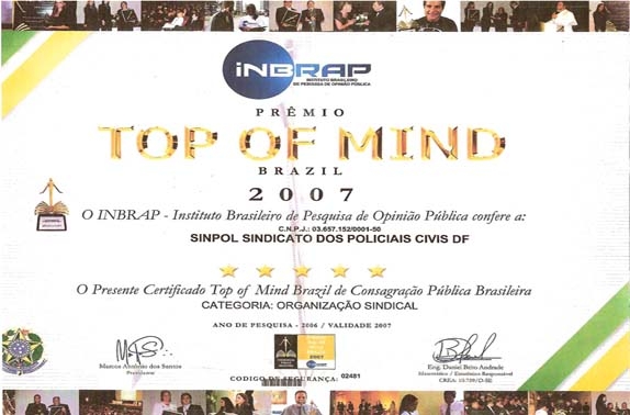 Sinpol/DF recebe Prêmio Top of Mind Brazil por melhor organização sindical